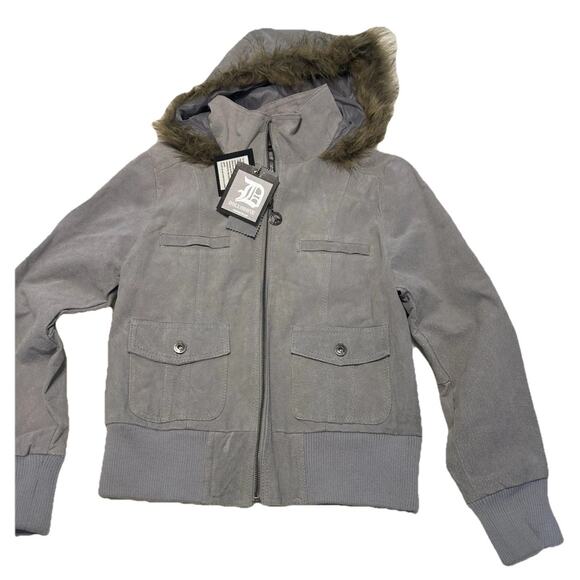 NWT DOLLHOUSE Sz Large Bomber Jacket Gray Genuine Leather Suede Faux Fur Hoodie - Picture 2 of 16